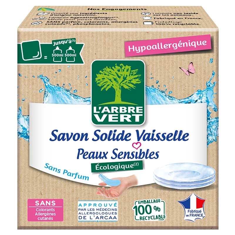 L'ARBRE VERT, Savon Solide Vaisselle Peaux sensibles écologique 125g, Produits vaisselle