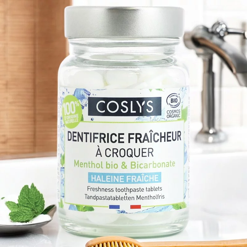 Dentifrice fraîcheur à croquer BIO menthol sans fluor - 120 pcs - Coslys