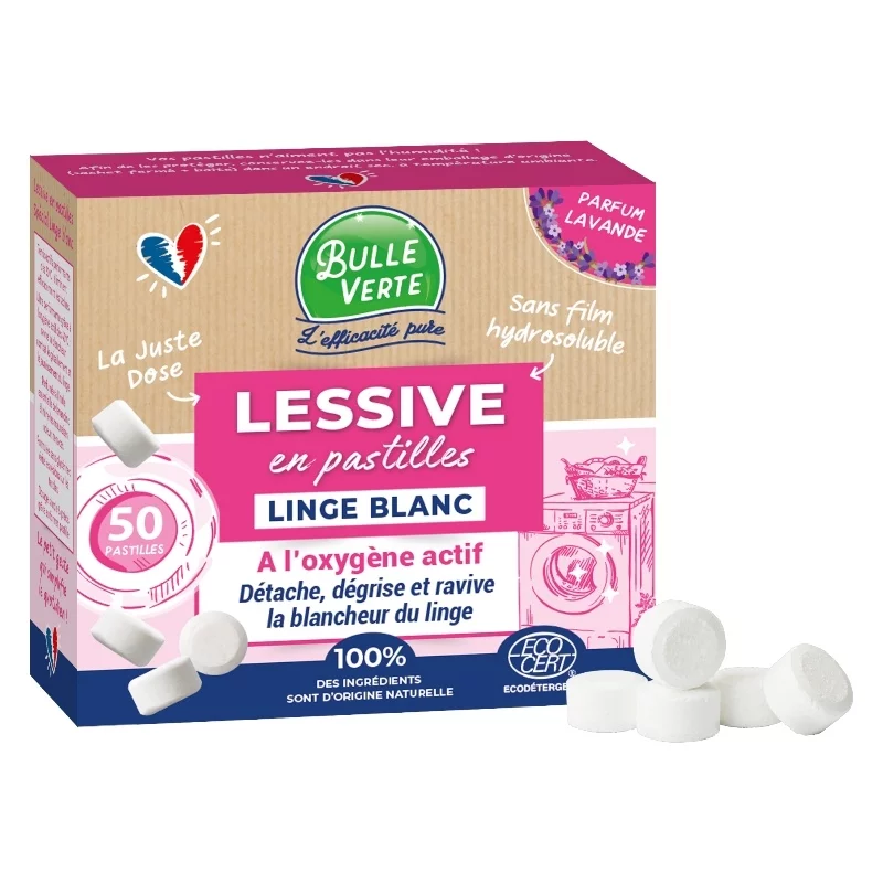 Tablettes lessive linge blanc lavande ECO - 50 pièces - Bulle Verte